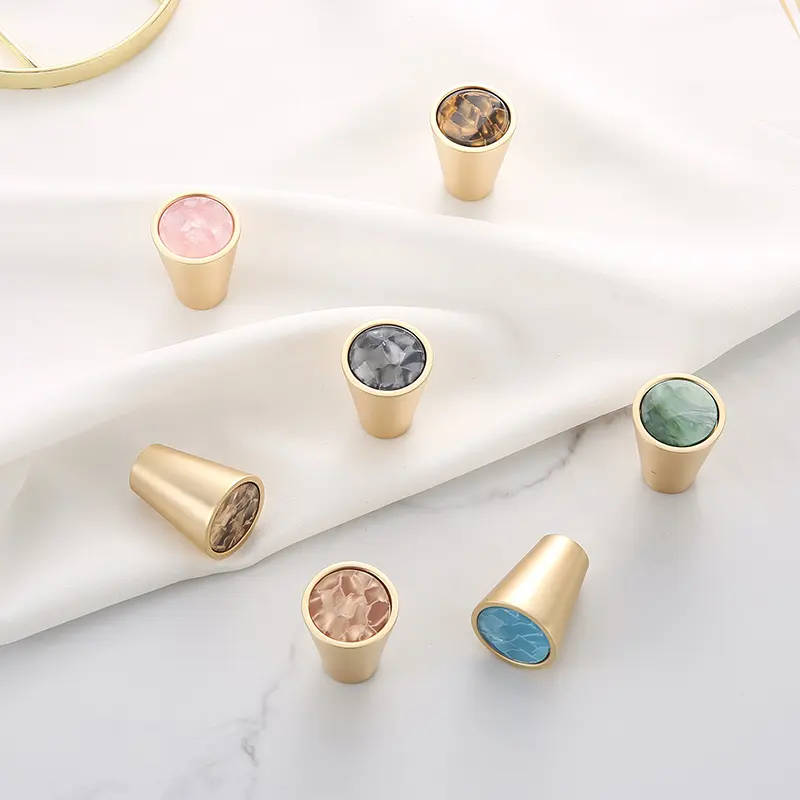Zinc Alloy Multicolored Simple Taper Marble Knob Furniture Dresser Drawer Pull Gold Base Cabinet Handle Cupboard