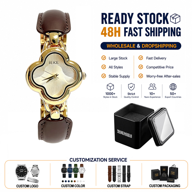 Custom Vintage Four-leaf Clover Leather Quartz Alloy Bracelet Band Antique Fashion Watch for Daily Wear