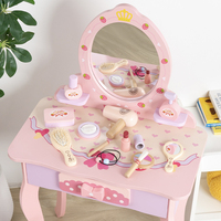 Table de maquillage pour jeu d'imitation avec tiroir, ensemble de salon de beauté avec accessoires de maquillage, ensemble de coiffeuse en bois motif fraise pour enfants