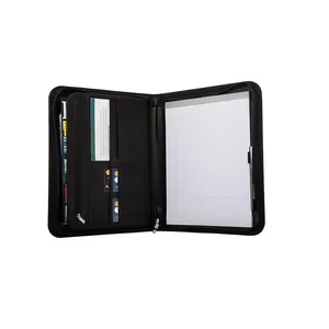 Black A4 Conference Folder Zipped Folio Case PU Business Organiser Leather Portfolios