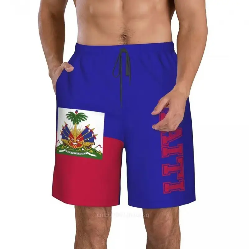 Shorts masculinos de comprimento médio com desenho personalizado da bandeira do Haiti, shorts casuais de verão para praia, shorts plus size, 2024
