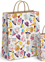 Kit d'emballage cadeau en papier recyclable avec motif de gâteau d'anniversaire dessiné à la main, comprenant boîte, carte de vœux et étiquette cadeau