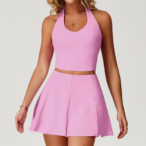 Damen <span class=keywords><strong>2</strong></span>-teiliges Fitness studio Fitness-Set Atmungsaktives Halfter Open Back Crop Top Tennis rock Skorts Yoga-Anzug für Fitness Golf Tennis Sport - Product Image 1