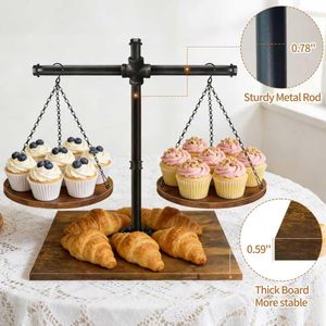 Support à cupcakes en bois à double étage, présentoir à desserts en fer forgé, plateaux à plusieurs niveaux de style rustique pour décorations de table de fête d'anniversaire - Product Image 1