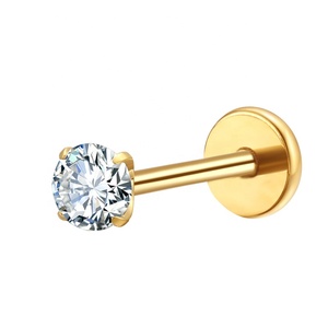 Piercings labret en titane ASTM F136 sans filetage, à enfiler, avec zircon cubique transparent et plaqué <span class=keywords><strong>or</strong></span>, à dos plat, pour <span class=keywords><strong>lèvre</strong></span> et oreilles, vente en gros de piercings corporels - Product Image 2
