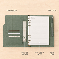 Organiseur de carnet à anneaux A5 personnalisé en cuir PU rechargeable avec fentes pour cartes, attache pour stylo et impression de logo