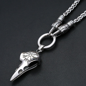 Collier pendentif crâne de corbeau en acier inoxydable, motif animal du zodiaque, cadeau unisexe, chaîne de 60cm ou 70cm, style punk, hip-hop, gothique, design boussole - Product Image 3