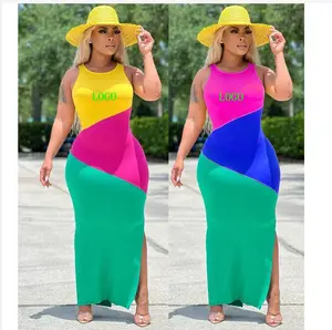 Y5232-2023 Custom logo name brand designer dresses sleeveless ol geometric printed high split maxi dress