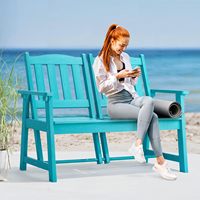 Banc de jardin pliable à dossier réglable pour l'extérieur, en plastique HIPS imitation bois, cyan, 2 places, pour une vue dos à dos, idéal pour patio et jardin