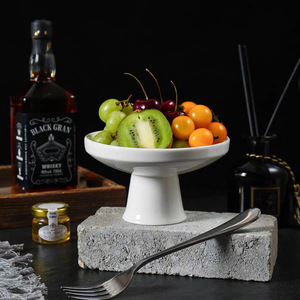 Ceramic Pure White Tall Fruit Plate With Stand Round Solid Color Party Dishes For Home Use - Product Image 1