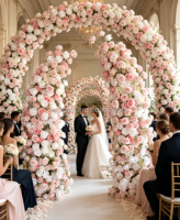 Arche florale haut de gamme de style européen en roses artificielles pour décoration de mariage vintage, arrangement floral en forme de corne pour toile de fond