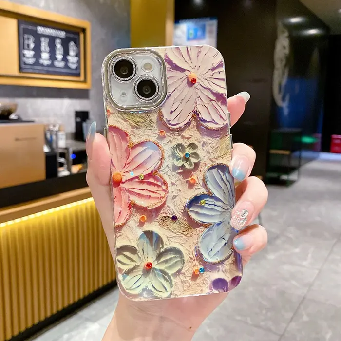 เคสโทรศัพท์มือถือ PC ลายภาพวาดสีน้ำมันดอกกุหลาบดอกไม้สีฟ้าสำหรับ iPhone 15 14 Pro 13 PRO MAX 12 11