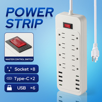 Regleta de Enchufes Estándar de EE. UU. con 10A, 4 Puertos USB-A, Tipo-C PD, 8 Tomas de Corriente, Extensión Multi-Enchufe para Hogar, Oficina, Dormitorio