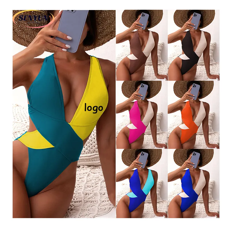 Contrast Color Hot Design Hanging Neck Triangle Beach Wear One Piece Bikini Sexy Custom LOGO Ladies Fitness Swimwear