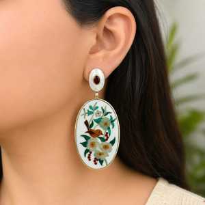 18K <b>Gold</b> Plated Korean Inlay Bird Floral Diamond Drop Statement <b>Earrings</b> Handmade for Women - Product Image 2