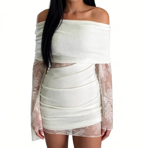 Robe mini élégante pour femme, couleur vert sauge, à une épaule, avec manches en dentelle et fronces, robe de soirée tendance - Product Image 2