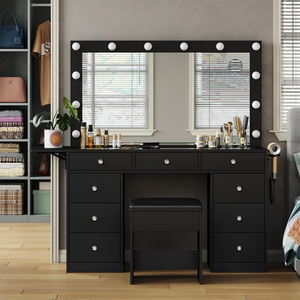 Coiffeuse avec prise <span class=keywords><strong>de</strong></span> courant, bureau <span class=keywords><strong>de</strong></span> toilette avec miroir et lumières LED, plateau en verre, ensemble <span class=keywords><strong>de</strong></span> coiffeuse, table à langer avec panneau rabattable - Product Image 6