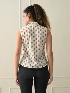 Chaleco de verano de Rosebloom Top sin mangas con botones estampado Handblock de moda en Algodón 100% con diseño limpio sin cuello - Product Image 3