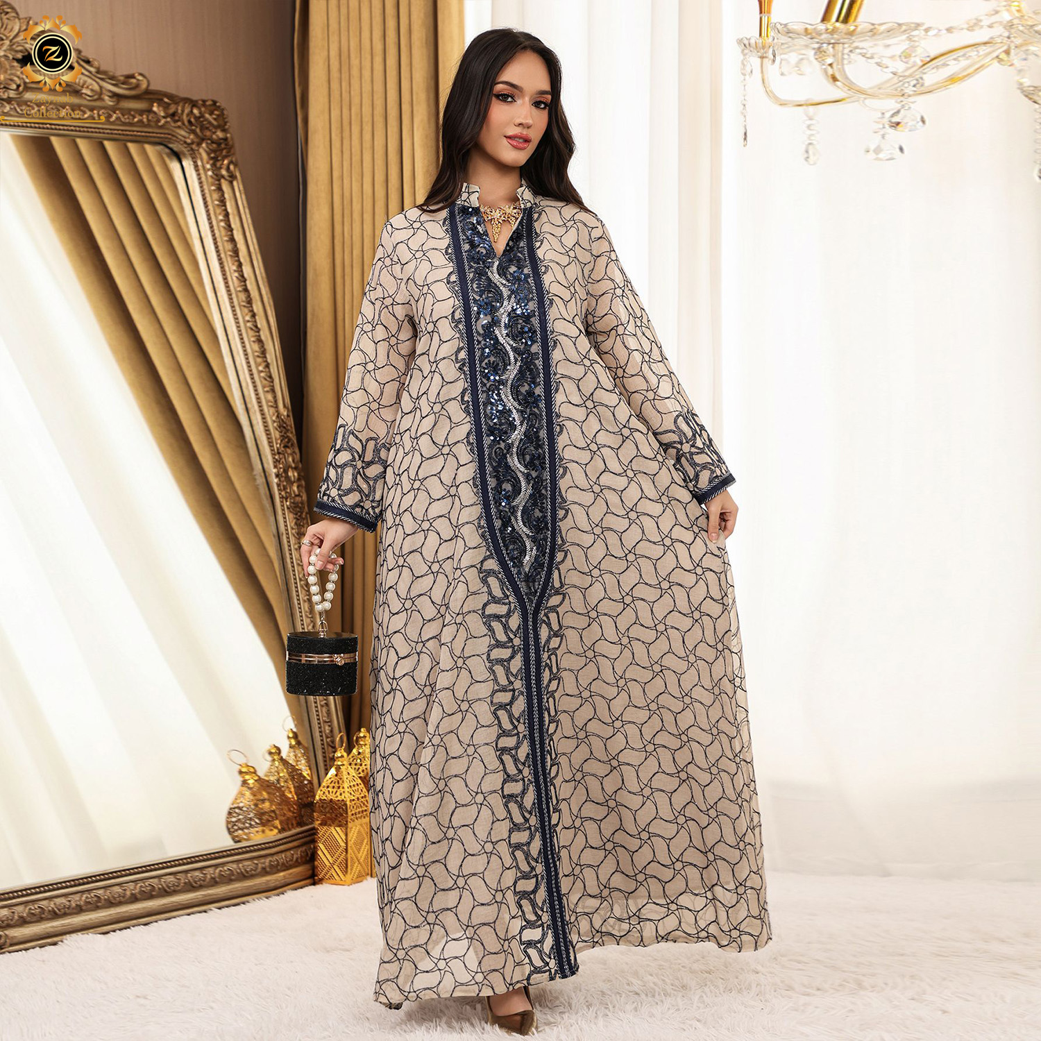 sachin and babi light blue dress High Neck Long Sleeve Muslim Long PromDress Full Sleeve Sequined Ball –  SELINADRESS main image 1