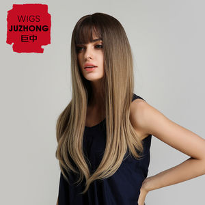 Haircube 22 "<span class=keywords><strong>parrucche</strong></span> sintetiche da <span class=keywords><strong>donna</strong></span> con frangetta marrone Ombre lunghi capelli lisci simulazione realistica parrucca del cuoio capelluto titolo naturale - Product Image 1