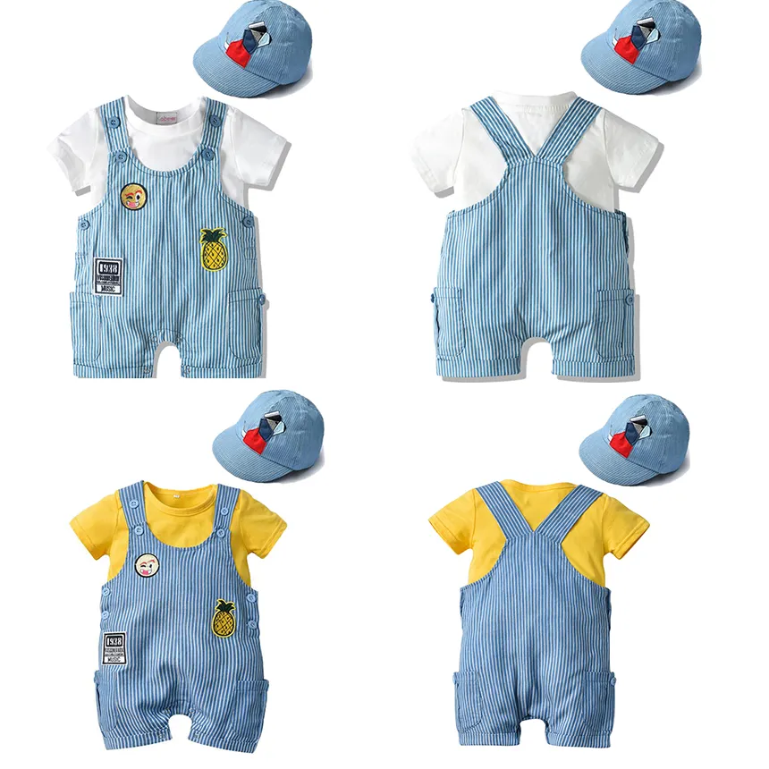 Wholesale Boutique Summer Cute Boy Baby Outfit 3-Piece Top+Dungaree Pant+Hat Baby Boy Clothes Infants Clothing Sets Newborn