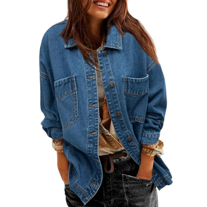 Veste en jean bleu classique pour femme avec fermeture à boutons Manches longues Chemise en jean décontractée Veste d'extérieur - Product Image 4