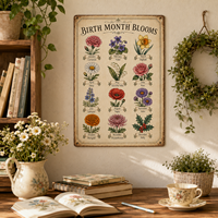 Plaque en métal vintage avec fleurs du mois de naissance, art mural botanique, tableau floral des 12 mois, plaque en fer, décoration intérieure, cadeau