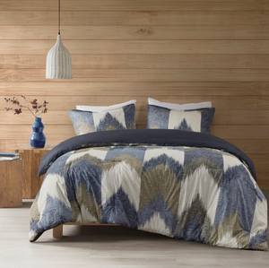 Neutral Slate Blue Ikat Chevron <strong>Ombre</strong> Print 100% Polyester Stitch Quilt 3-Piece Set - Product Image 3