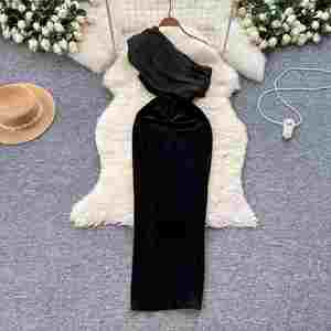 Vestido Maxi Elegante de Verano para Mujer, de un Solo Hombro, sin Mangas, con Corte Imperio, Patchwork de Encaje Tejido Transpirable, Negro - Product Image 4