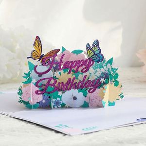 Carte de vœux 3D pop-up avec fleurs et papillons en papier découpés au laser pour anniversaire - Product Image 3