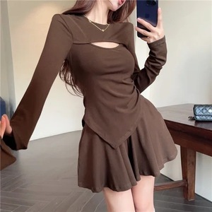 Women's Hollow Long Sleeve Top And Skirt Set Brown High Waisted Two Piece Casual Knitted Polyester Autumn 2025 Style - Product Image 2