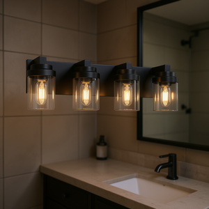 Applique murale de salle de bain 4 lumières en fer noir mat, abat-jour en verre transparent, style industriel, lumière blanc chaud - Product Image 2