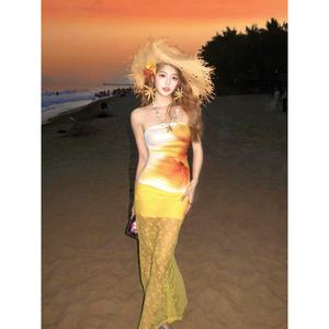 Conjunto de 1 Pieza para Mujer, Top sin Tirantes con Estampado Floral, Falda Brasileña de Tul con Encaje, Traje de Playa Elástico de Poliéster/Algodón, Asimétrico con Perlas - Product Image 5