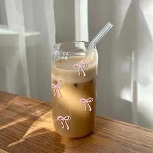 500 ml Pembe Kurdeleli Sevimli Cam Bardaklar, Kapaklı ve Pipetli, Buzlu Sütlü Kahve, Smoothie, Kokteyl, Matcha, Meyve Suyu için Bardak - Product Image 3