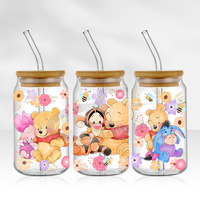 Autocollant en vinyle personnalisé pour gobelets en verre, autocollant Pooh Bear et ses amis, étiquette imperméable, transfert UV DTF pour envelopper les gobelets, 16 oz, haute qualité