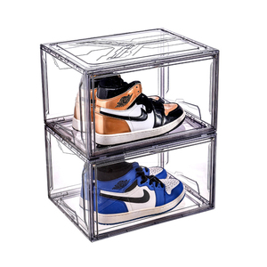 Clear Transparent Side Drop Sneaker Display Box Stackable Acrylic Shoe Display Box Logo Side Open Magnetic Shoe Storage Box