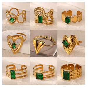 Personalized Hollow <b>Stainless</b> <b>Steel</b> <b>Ring</b> with Irregular Opening Adjustable Gold Plated <b>Ring</b> With Beautiful Green Colored Stone - Product Image 4