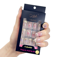 Kit de 24 faux ongles carrés courts en ABS à presser, couvrance totale, pour nail art, avec impression de motifs colorés et design français facile
