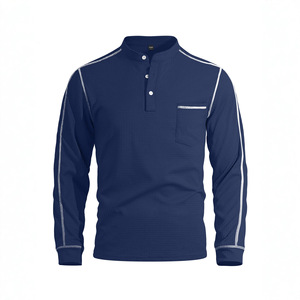 Wholesale Custom LOGO Print Mens Waffle Knit <b>Shirts</b> with stand collar <b>Navy</b> <b>Blue</b> Full Sleeves With White Seams Front Pocket 2026 - Product Image 1