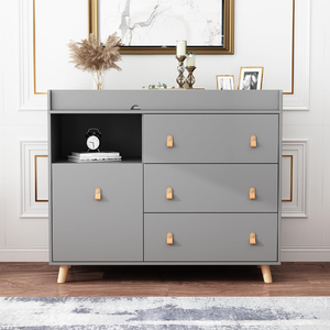 Table <span class=keywords><strong>à</strong></span> <span class=keywords><strong>langer</strong></span> moderne grise faite <span class=keywords><strong>à</strong></span> la main avec 3 tiroirs et étagère ouverte pour chambre de bébé - Product Image 1