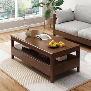 Nordic Solid Wood <b>Coffee</b> <b>Table</b> Double Layer With Drawers Modern Minimalist Living Room Furniture - Product Image 2