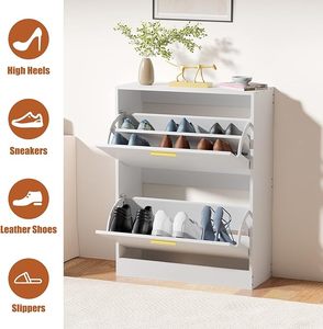 Mobiletto Portascarpe Bianco Sottile con Cassetti a Ribalta, Organizzatore per Scarpe a 2 Ripiani Autoportante per Ingresso e Soggiorno - Product Image 3