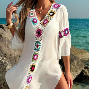 Vestido de playa blanco con cuello en V de ganchillo, traje de baño de verano, Túnica de verano para mujer, ropa de playa Saida Praia - Product Image 1