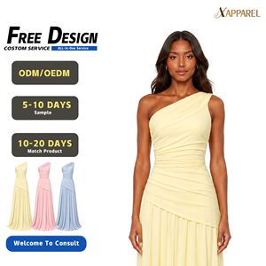 Vestido de Dama de Honor Maxi de Chifón Asimétrico con Hombro Descubierto y Corpiño Fruncido A&J para Mujer, Amarillo Mantequilla, Proveedor GRS con Logotipo Personalizado - Product Image 1
