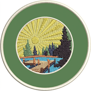 Circular Embroidered Eco-Friendly Canvas <b>Patch</b> with Lake and Sun Scene Handmade <b>Sew</b>-<b>On</b> for Gifts - Product Image 1