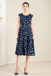 <span class=keywords><strong>Robe</strong></span> midi trapèze décontractée bleu <span class=keywords><strong>marine</strong></span> à pois pour femme, sans manches, taille naturelle, en tissu tissé, imprimé numérique, avec fermetures éclair - Product Image 3