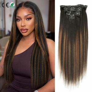 Extensiones de Cabello Humano Liso Rizado de 20 Pulgadas con Clip para Mujer, 7 Piezas/Lote, Cabello Remy Yaki Ligero con Clip, Negro Mezclado con Marrón - Product Image 1
