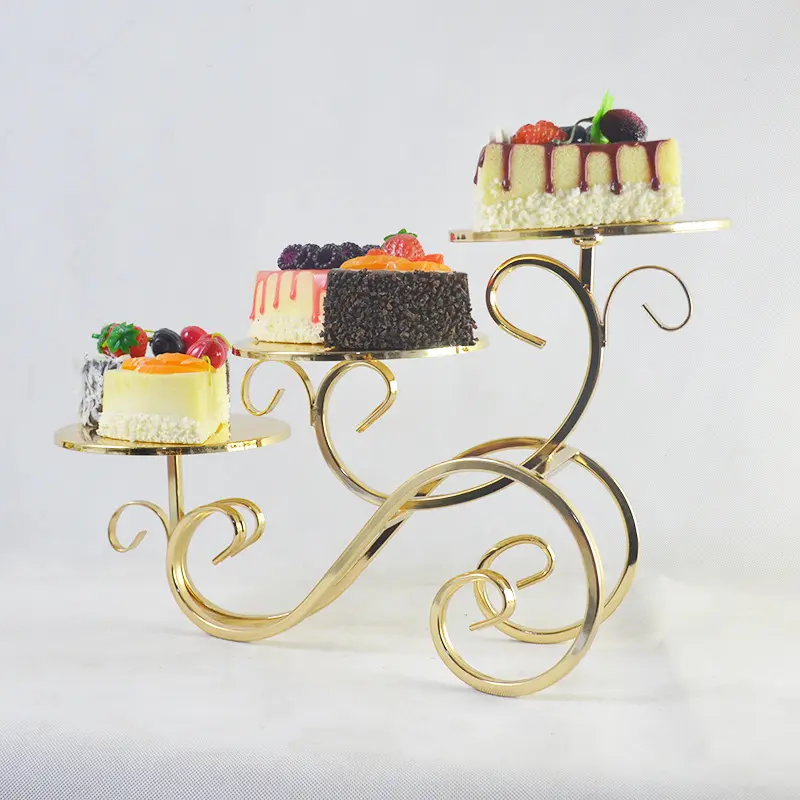 Support à gâteaux et à desserts, 3 niveaux, plaqué or, métallique fantaisie, pour fête de mariage