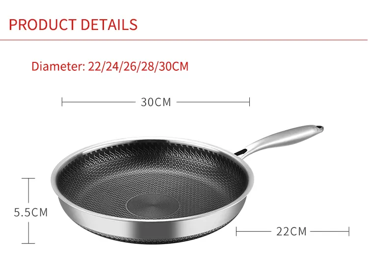 Groothandel 304 Roestvrijstalen Honingraat Inductie Roer Non-Stick Kookgerei Koekenpan Drielaags Fornuis 304 Multy Ply Kookgerei