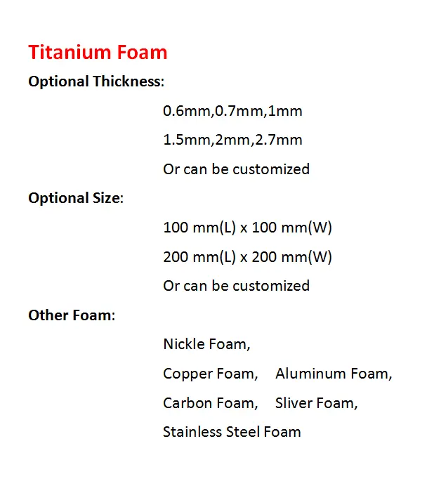 ไทเทเนียมโลหะโฟมแผ่นโฟม Ti สำหรับแบตเตอรี่หรือ Supercapacitor ขั้วบวกพื้นผิว